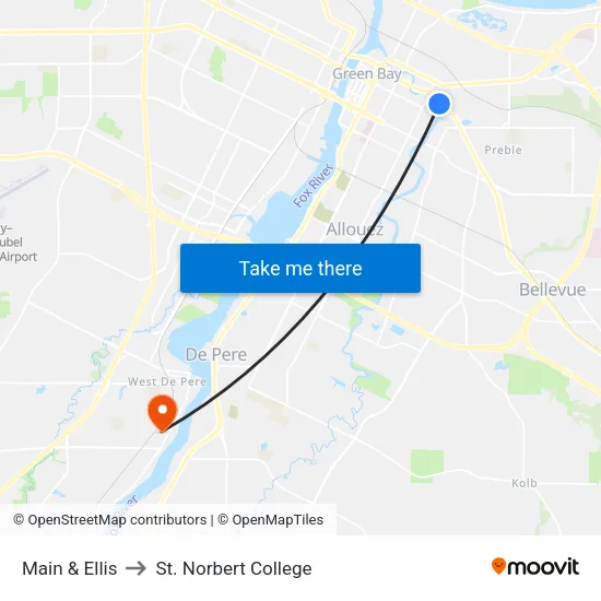 Main & Ellis to St. Norbert College map