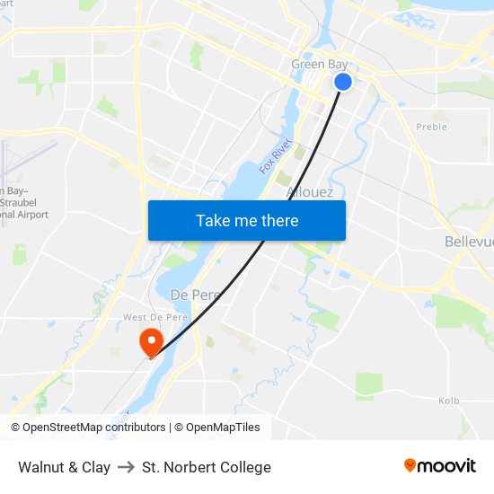 Walnut & Clay to St. Norbert College map