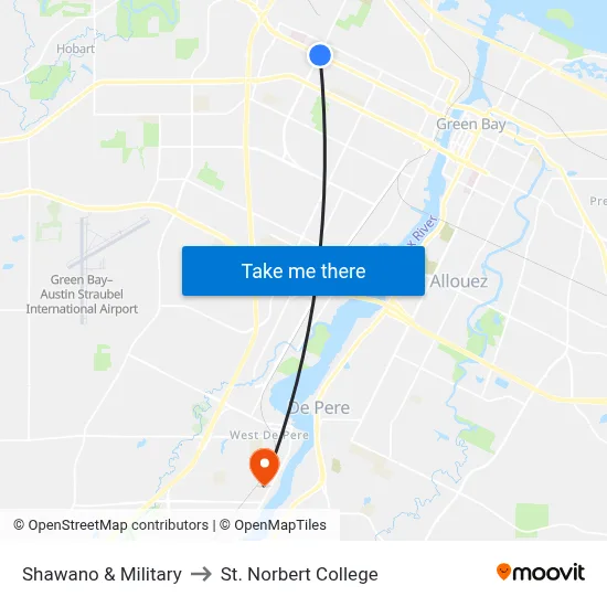 Shawano & Military to St. Norbert College map