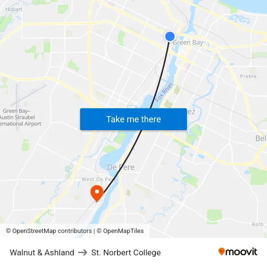 Walnut & Ashland to St. Norbert College map