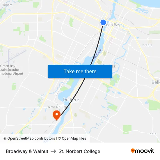 Broadway & Walnut to St. Norbert College map