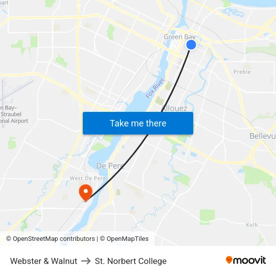 Webster & Walnut to St. Norbert College map