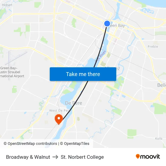 Broadway & Walnut to St. Norbert College map