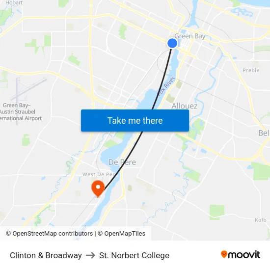 Clinton & Broadway to St. Norbert College map