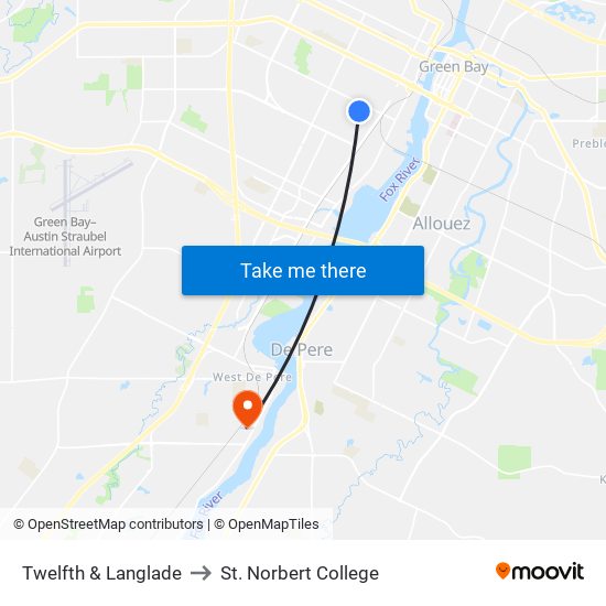 Twelfth & Langlade to St. Norbert College map