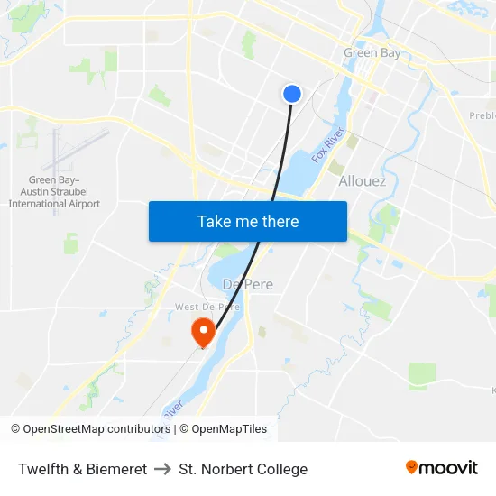 Twelfth & Biemeret to St. Norbert College map