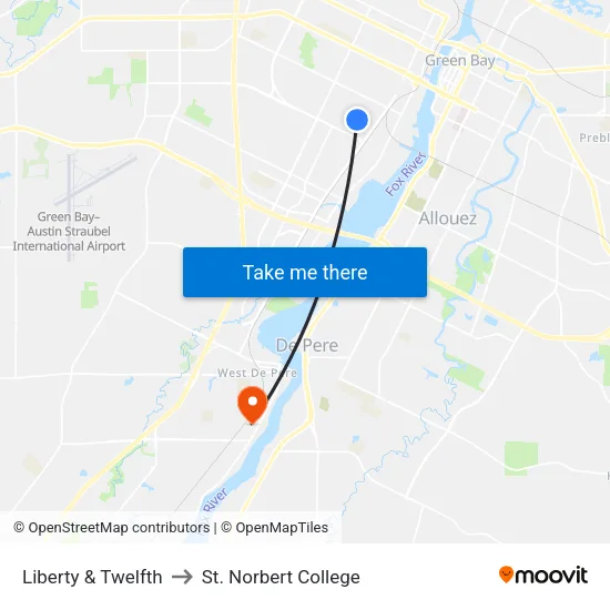 Liberty & Twelfth to St. Norbert College map