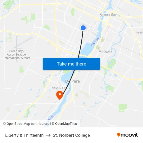 Liberty & Thirteenth to St. Norbert College map