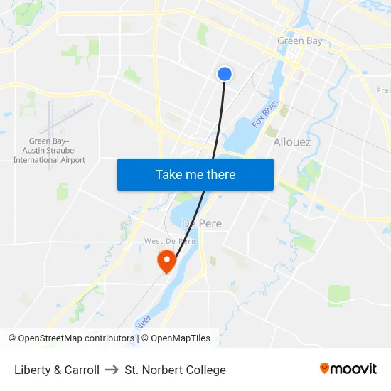 Liberty & Carroll to St. Norbert College map