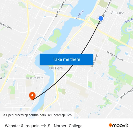 Webster & Iroquois to St. Norbert College map