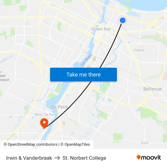 Irwin & Vanderbraak to St. Norbert College map