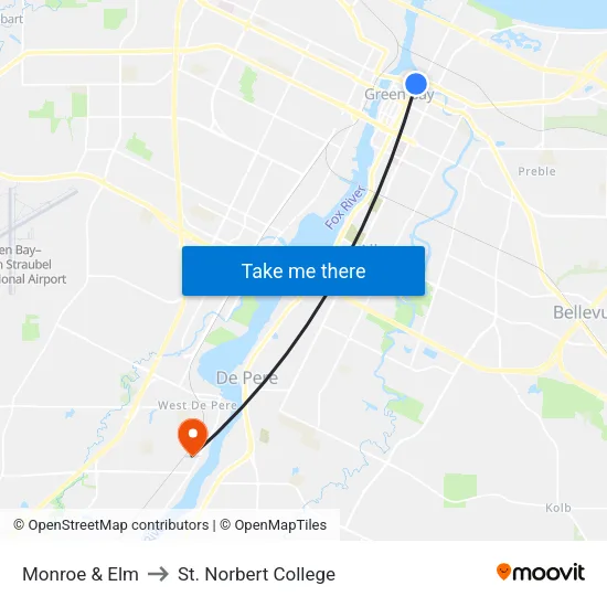 Monroe & Elm to St. Norbert College map