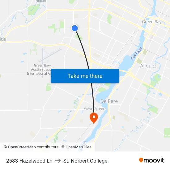 2583 Hazelwood Ln to St. Norbert College map