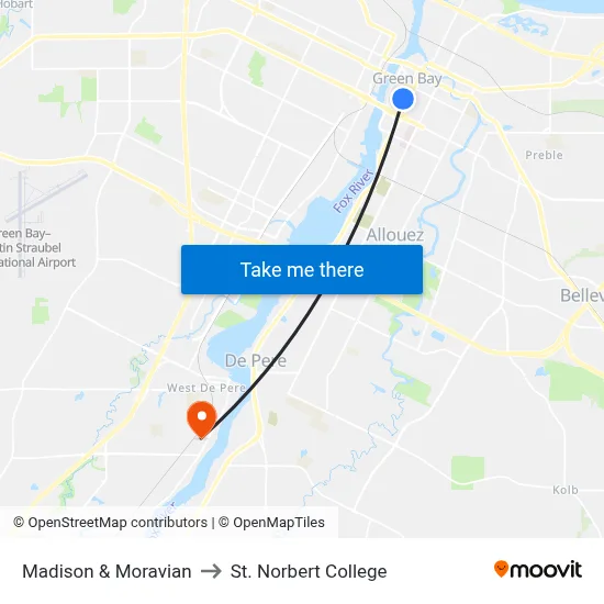 Madison & Moravian to St. Norbert College map