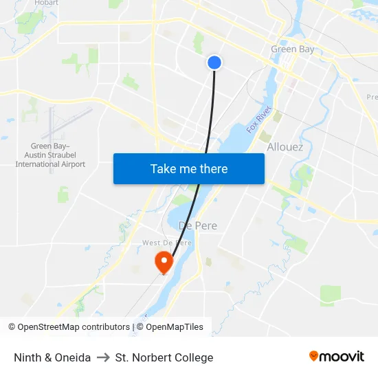 Ninth & Oneida to St. Norbert College map