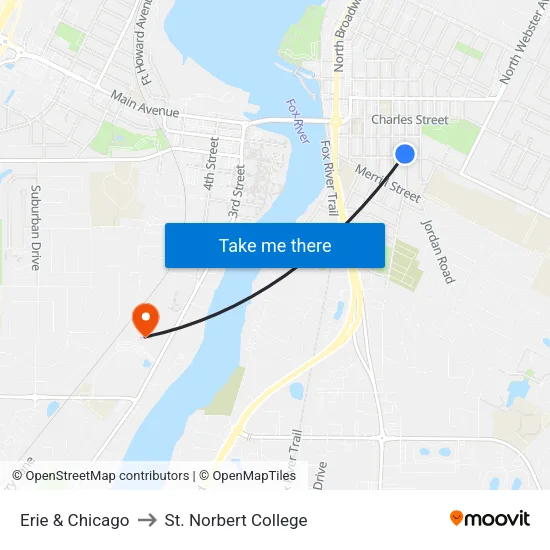 Erie & Chicago to St. Norbert College map
