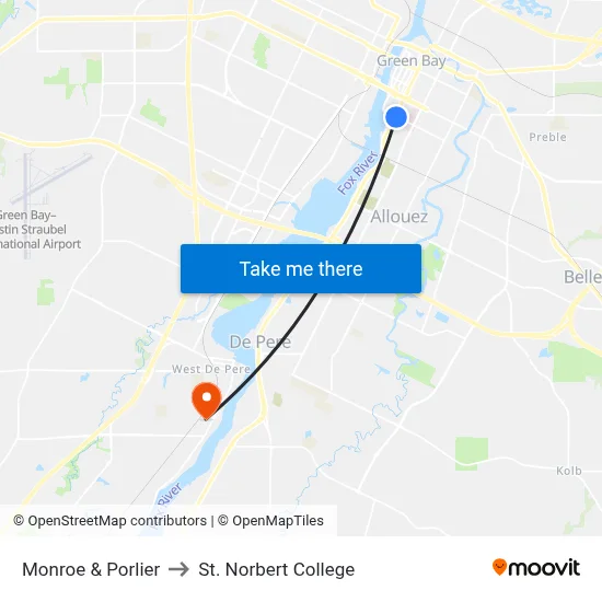 Monroe & Porlier to St. Norbert College map