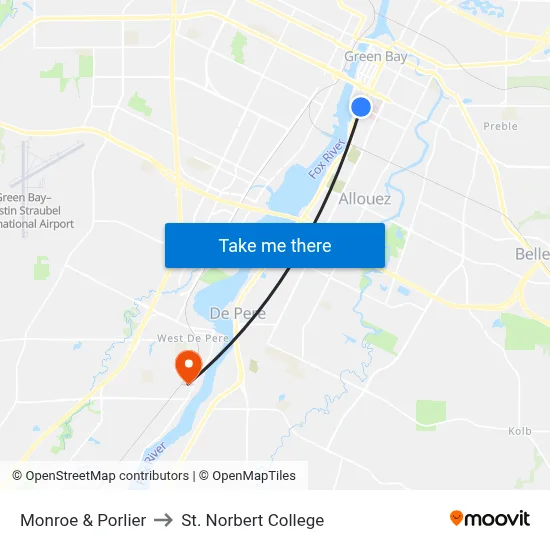 Monroe & Porlier to St. Norbert College map