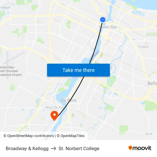 Broadway & Kellogg to St. Norbert College map
