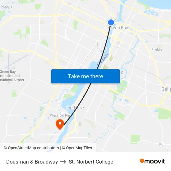 Dousman & Broadway to St. Norbert College map
