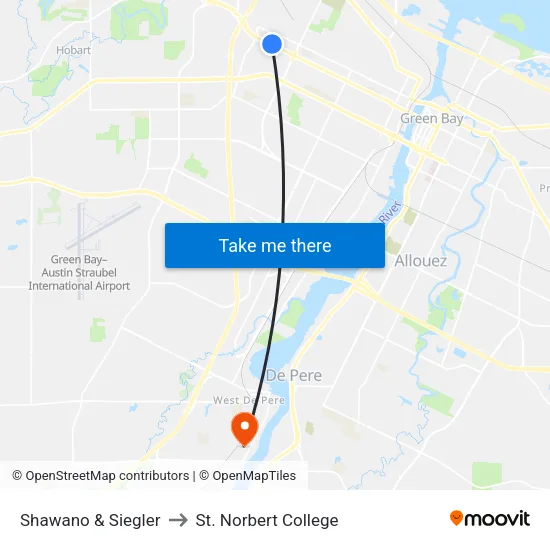 Shawano & Siegler to St. Norbert College map