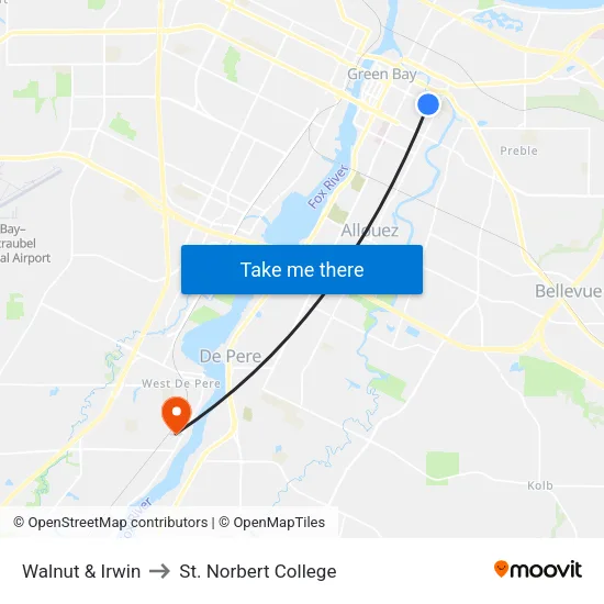 Walnut & Irwin to St. Norbert College map