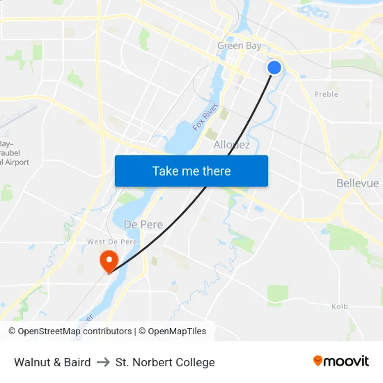 Walnut & Baird to St. Norbert College map