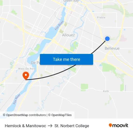 Hemlock & Manitowoc to St. Norbert College map