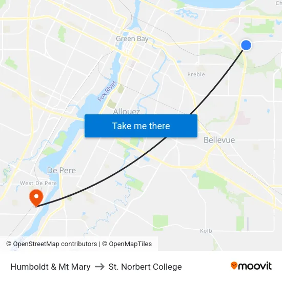 Humboldt & Mt Mary to St. Norbert College map