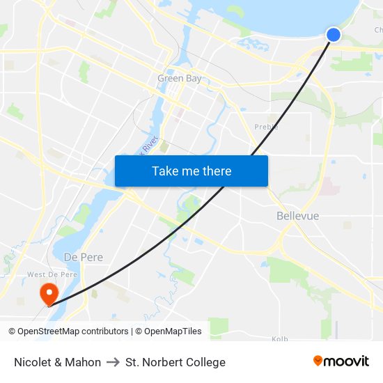 Nicolet & Mahon to St. Norbert College map