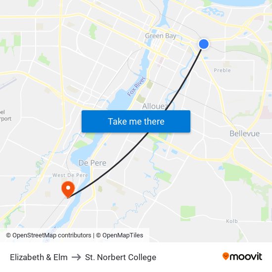 Elizabeth & Elm to St. Norbert College map