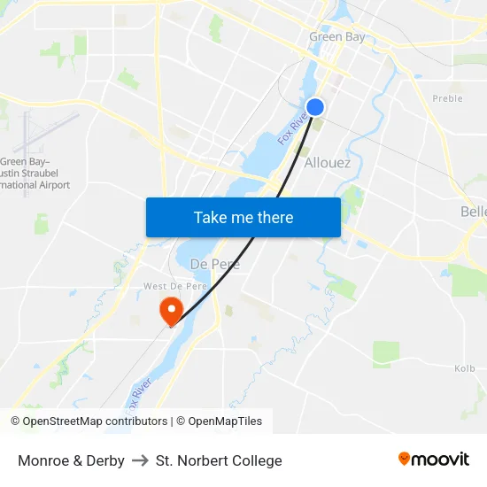 Monroe & Derby to St. Norbert College map