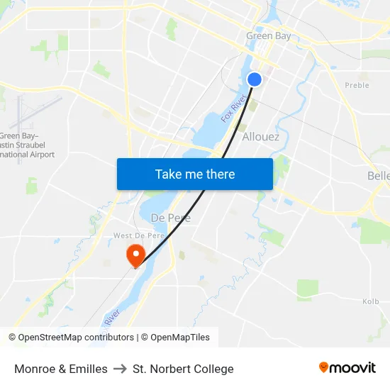 Monroe & Emilles to St. Norbert College map