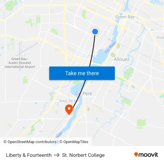 Liberty & Fourteenth to St. Norbert College map