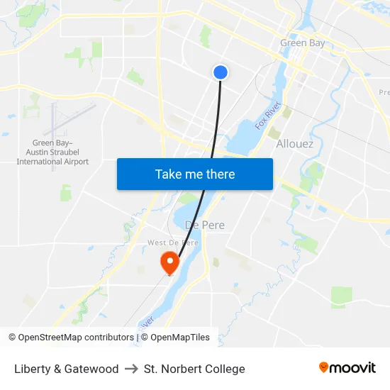 Liberty & Gatewood to St. Norbert College map
