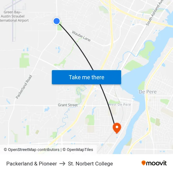 Packerland & Pioneer to St. Norbert College map