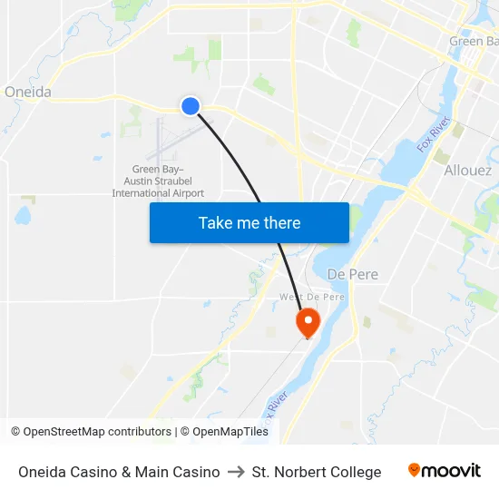 Oneida Casino & Main Casino to St. Norbert College map