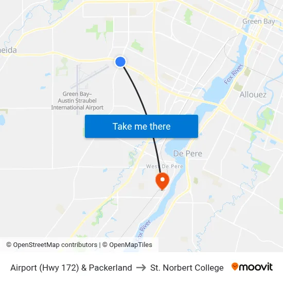 Airport (Hwy 172) & Packerland to St. Norbert College map