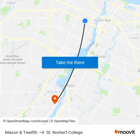 Mason & Twelfth to St. Norbert College map