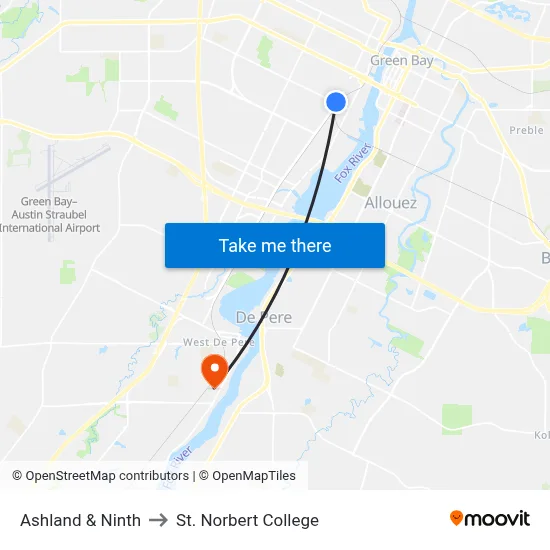 Ashland & Ninth to St. Norbert College map