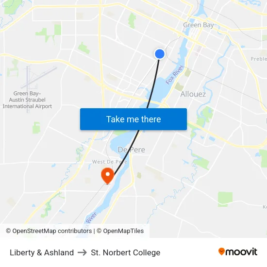 Liberty & Ashland to St. Norbert College map