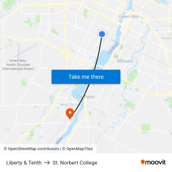 Liberty & Tenth to St. Norbert College map