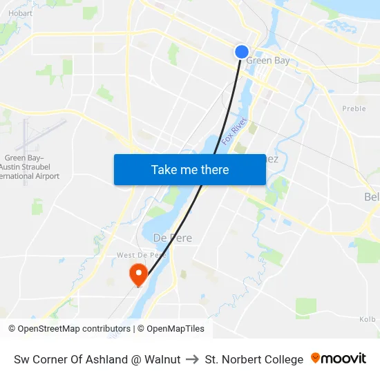 Sw Corner Of Ashland @ Walnut to St. Norbert College map