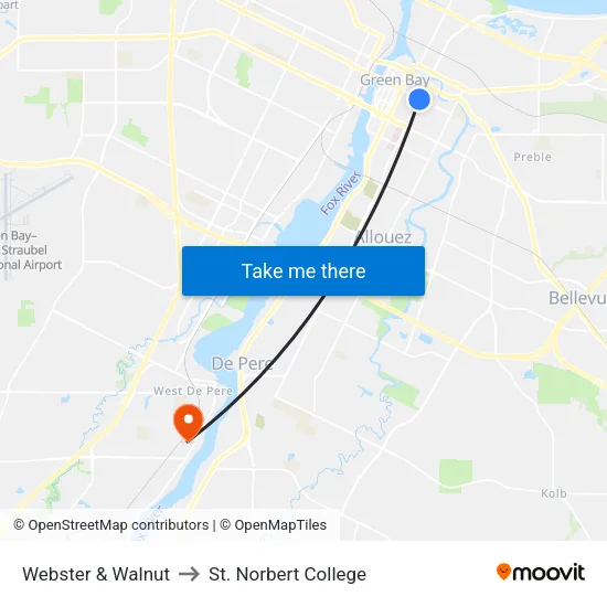 Webster & Walnut to St. Norbert College map