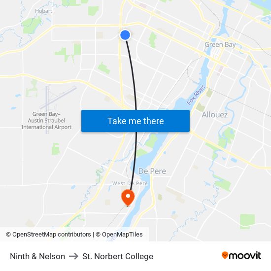 Ninth & Nelson to St. Norbert College map