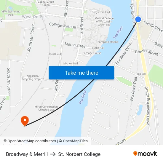Broadway & Merrill to St. Norbert College map