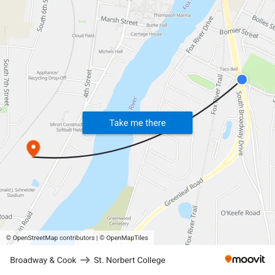 Broadway & Cook to St. Norbert College map