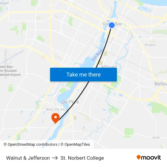 Walnut & Jefferson to St. Norbert College map