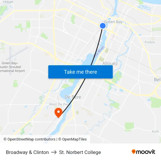Broadway & Clinton to St. Norbert College map