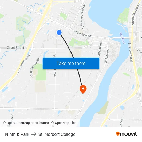 Ninth & Park to St. Norbert College map